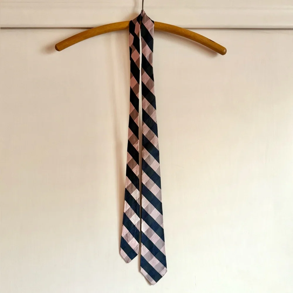 Vintage 1950s All Silk Necktie blush stripe plaid mcm - Picture 2 of 5
